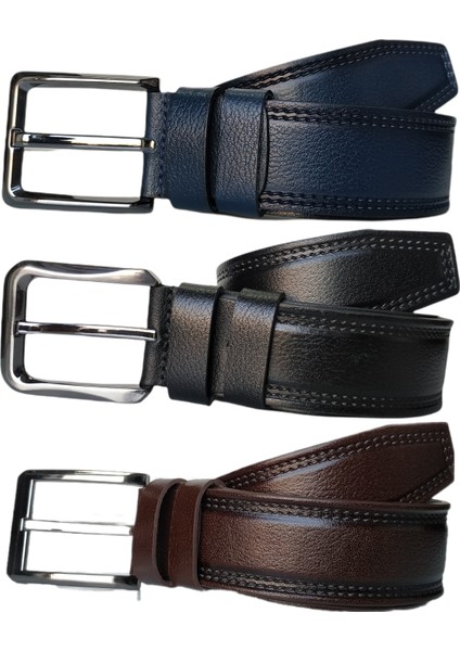 %100 Deri 3'lü Set Dikiş Desenli Kanvas Pantolon Kemeri 4cm: Siyah-Kahverengi-Lacivert fiyatları