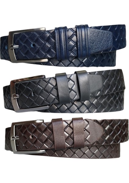 %100 Deri 3'lü Set Desenli Kanvas Pantolon Kemeri 4cm: Siyah-Lacivert-Kahverengi