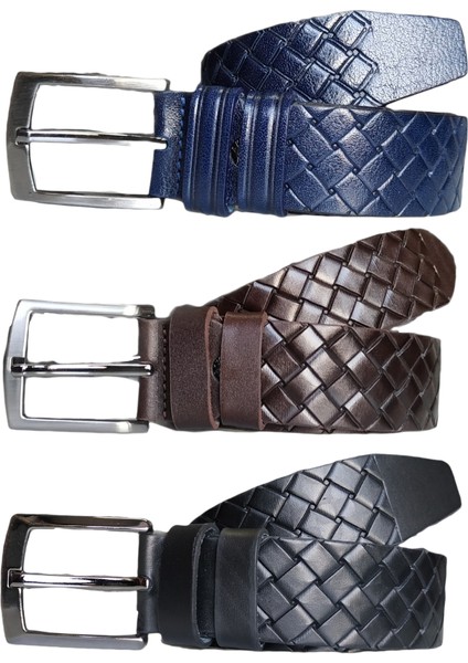 %100 Deri 3'lü Set Desenli Kanvas Pantolon Kemeri 4cm: Siyah-Lacivert-Kahverengi fiyatları
