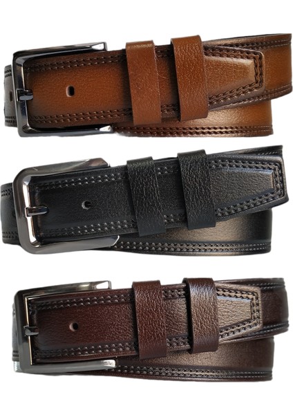 %100 Deri 3'lü Set Dikiş Desenli Kanvas Pantolon Kemeri 4cm: Siyah-Kahverengi-Taba