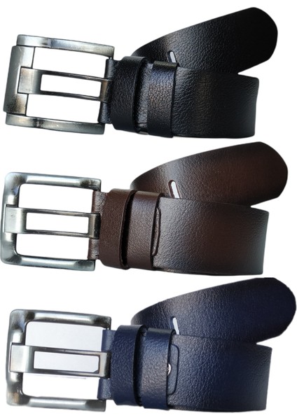 %100 Deri 3'lü Set Kalın Dilli Kot Pantolon Kemeri 4.5cm: Siyah-Kahverengi -Lacivert fiyatları