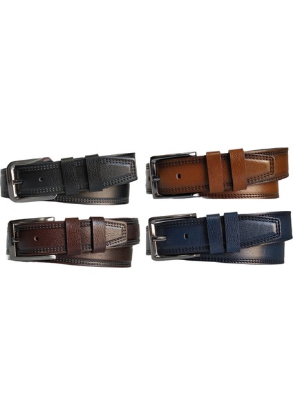 %100 Deri 4'lü Set Dikiş Desenli Kanvas Pantolon Kemeri 4cm: Siyah-Lacivert-Kahverengi-Taba