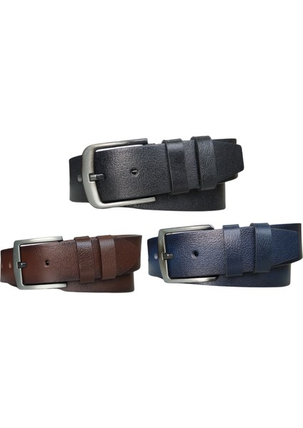%100 Deri 3'lü Set Düz Kot Pantolon Kemeri 4.5cm: Siyah-Kahverengi - Lacivert