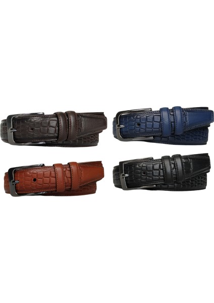 %100 Deri 4'lü Set Desenli Klasik Kumaş Pantolon Kemeri 3.5cm:siyah-Kahverengi -Taba-Lacivert