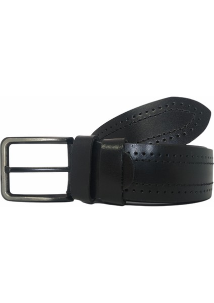 %100 Tek Kat Deri Desenli Siyah Kanvas Pantolon Kemeri 4cm