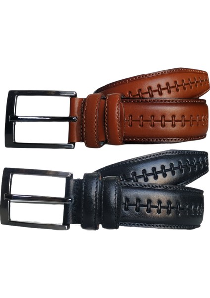 %100 Deri 2'li Set Desenli Klasik Kumaş Pantolon Kemeri 3.5cm : Siyah - Taba fiyatları
