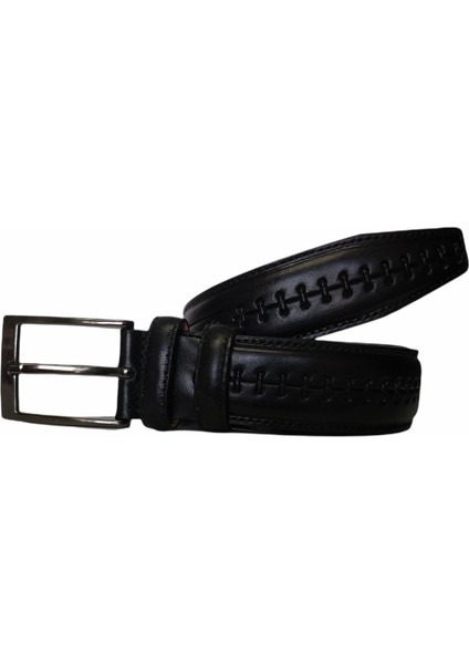 %100 Deri Desenli Siyah Klasik Kumaş Pantolon Kemeri 3.5cm
