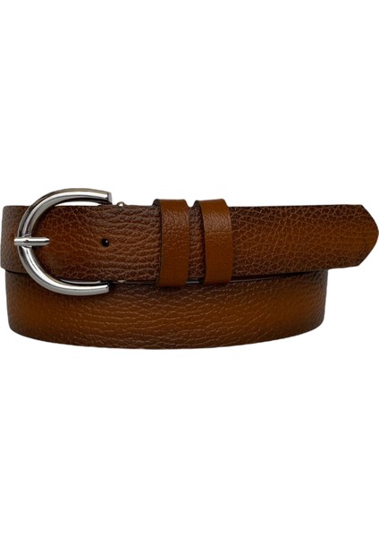 Deri Gümüş Tokalı Taba Baskılı Kadın Kemeri, 3cm