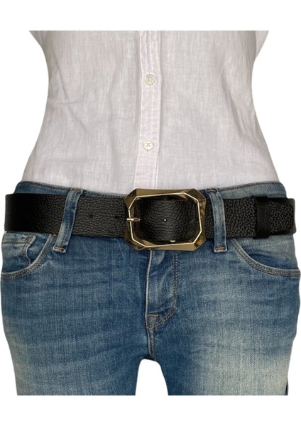 Deri, Gold Tokalı Siyah Kadın Kot Kemeri 4 cm modelleri
