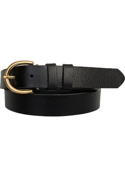Deri Gold Tokalı Siyah Kadın Kemeri, 3cm