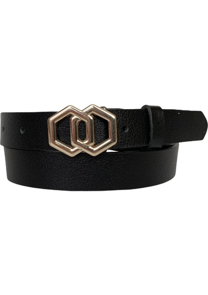 Deri Gold Tokalı Siyah Kadın Kemeri, 3cm