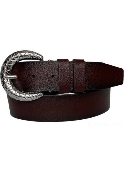 Deri, Gümüş Tokalı Bordo Kadın Kot Kemeri 4 cm
