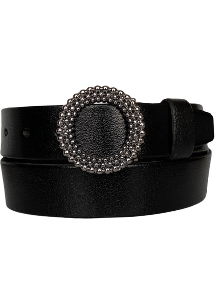 Deri, Siyah Nikel Tokalı Siyah Kadın Kemeri 4 cm