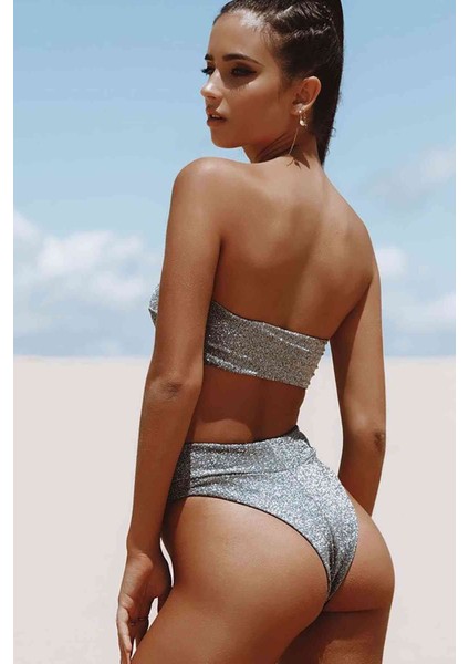 Simli Straplez Bikini Alt Üst Takım Gri