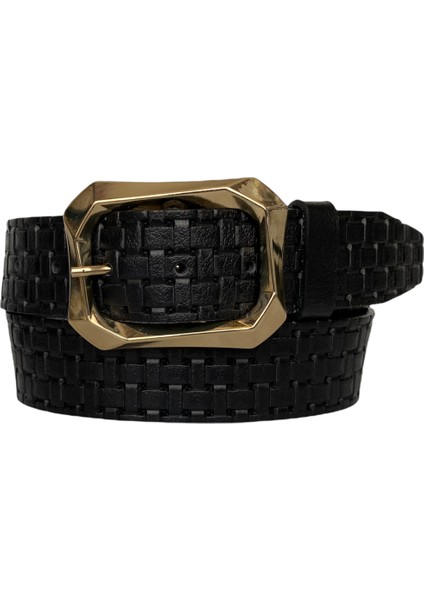 Deri, Gold Tokalı Siyah Desenli Kadın Kemeri 4 cm