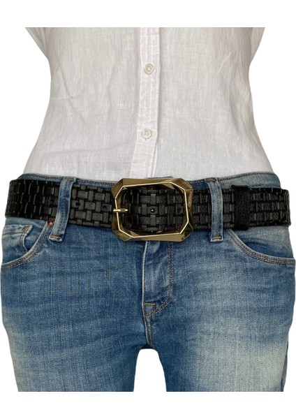 Deri, Gold Tokalı Siyah Desenli Kadın Kemeri 4 cm modelleri
