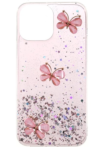 iPhone 13 Pro Max Için 3D Kelebek Desenli Işıltılı Epoksi Tpu Kılıf - Pembe (Yurt Dışından)