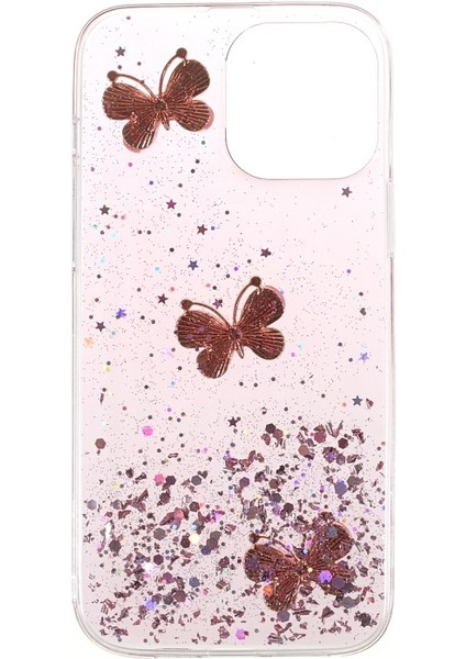 iPhone 13 Pro Max Için 3D Kelebek Desenli Işıltılı Epoksi Tpu Kılıf - Pembe (Yurt Dışından)