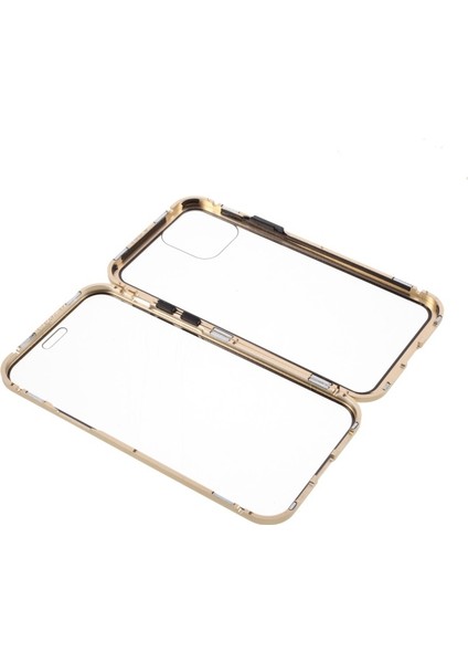 iPhone 12 Için Çift Taraflı Temperli Cam + Metal Çerçeveli Manyetik Kılıf - Altın (Yurt Dışından)