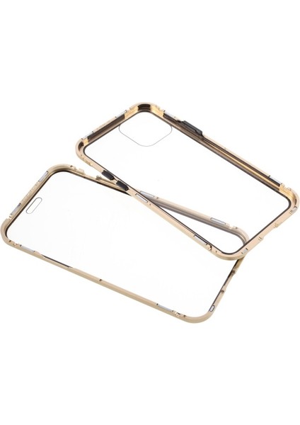 iPhone 12 Için Çift Taraflı Temperli Cam + Metal Çerçeveli Manyetik Kılıf - Altın (Yurt Dışından)