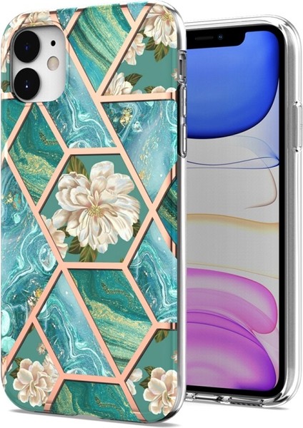 iPhone 11 Için 2 mm Imd Iml Düşmeye Dayanıklı Galvanik Mermer Çiçek Desenli Tpu Telefon Kılıfı - Yeşil (Yurt Dışından)