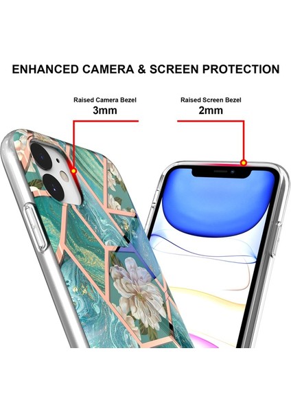 iPhone 11 Için 2 mm Imd Iml Düşmeye Dayanıklı Galvanik Mermer Çiçek Desenli Tpu Telefon Kılıfı - Yeşil (Yurt Dışından)