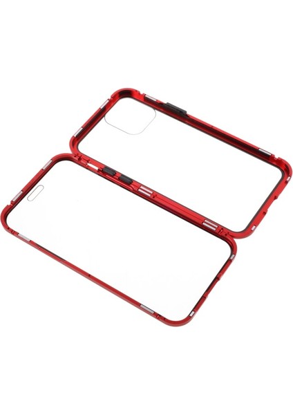 iPhone 12 Için Çift Taraflı Temperli Cam + Metal Çerçeveli Manyetik Kılıf - Kırmızı (Yurt Dışından)