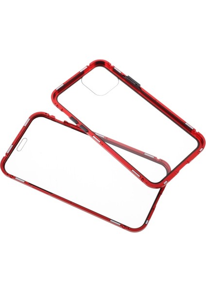 iPhone 12 Için Çift Taraflı Temperli Cam + Metal Çerçeveli Manyetik Kılıf - Kırmızı (Yurt Dışından)