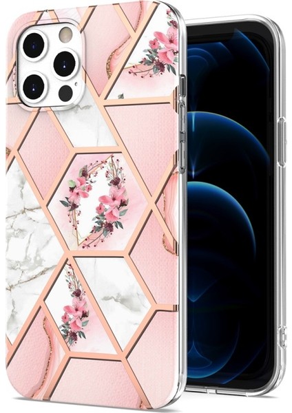 iPhone 12 Için 2 mm Imd Iml Düşmeye Dayanıklı Galvanik Mermer Çiçek Desenli Tpu Telefon Kılıfı - Pembe (Yurt Dışından)