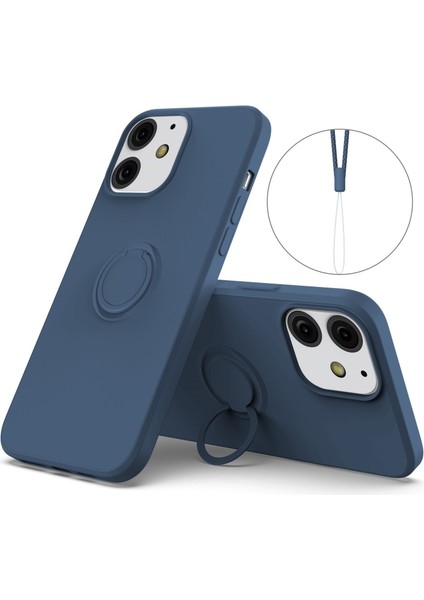 iPhone 13 Mini Için 360 ° Döner Halkalı Düşmeye Dayanıklı Sıvı Silikon Kayışlı Koruyucu Kılıf - Koyu Mavi (Yurt Dışından)