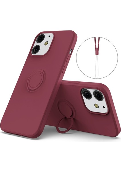 iPhone 13 Mini Için 360 ° Döner Halkalı Düşmeye Dayanıklı Sıvı Silikon Kayışlı Koruyucu Kılıf - Koyu Kırmızı (Yurt Dışından)