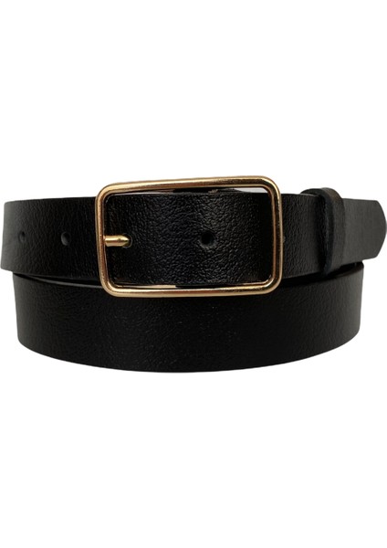 Deri Gold Dikdörtgen Tokalı Siyah Kadın Kemeri, 3cm