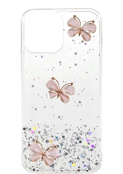 iPhone 13 Pro Için 3D Kelebek Desenli Işıltılı Epoksi Tpu Kılıf - Şeffaf (Yurt Dışından)