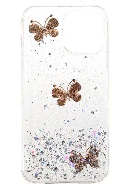 iPhone 13 Pro Için 3D Kelebek Desenli Işıltılı Epoksi Tpu Kılıf - Şeffaf (Yurt Dışından)