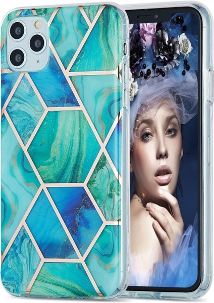 iPhone 11 Pro Max Için 2 mm Imd Galvanik Mermer Desenli Tpu Kılıf - Mavi - Yeşil (Yurt Dışından)