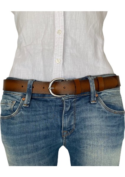 Deri Gümüş Tokalı Taba Kadın Kemeri, 3cm fiyatları