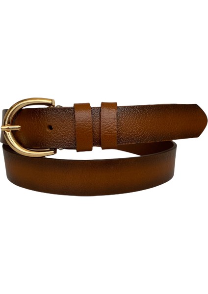 Deri Gold Tokalı Taba Kadın Kemeri, 3cm