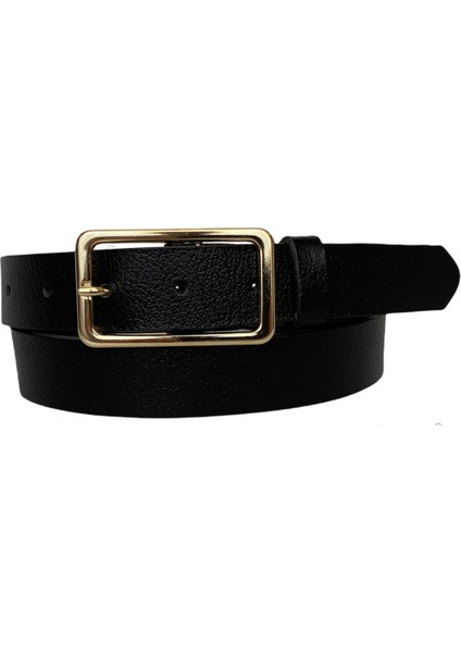 Deri Gold Tokalı Siyah Kadın Kemeri, 3cm