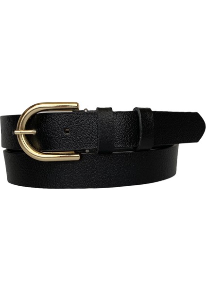 Deri Gold Tokalı Siyah Kadın Kemeri, 3cm