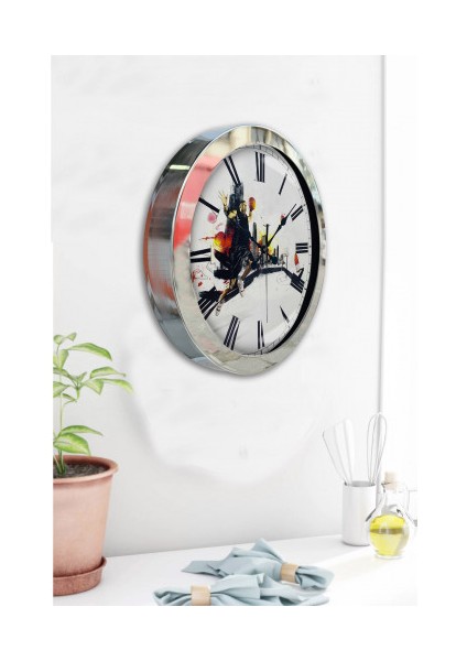 Krom Çerçeveli Salon Ofis Duvar Saati 36 cm