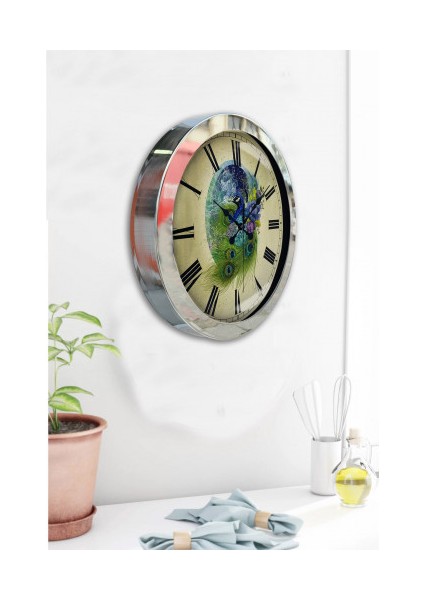 Krom Çerçeveli Salon Ofis Duvar Saati 36 cm