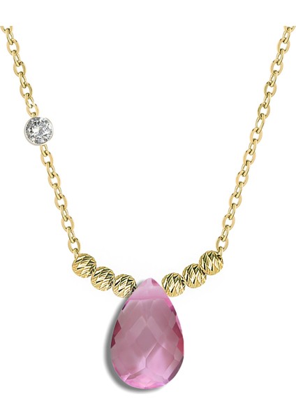 Pirlanta 14 Ayar Altin Dorikalı Pink Safir Renkli Damla Taşlı Kolye modelleri