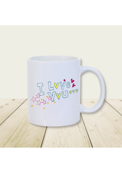 Sevgililer Gününe Özel Renkli I Love You Yıldız ve Kalp Tasarım Baskılı Kupa Bardak