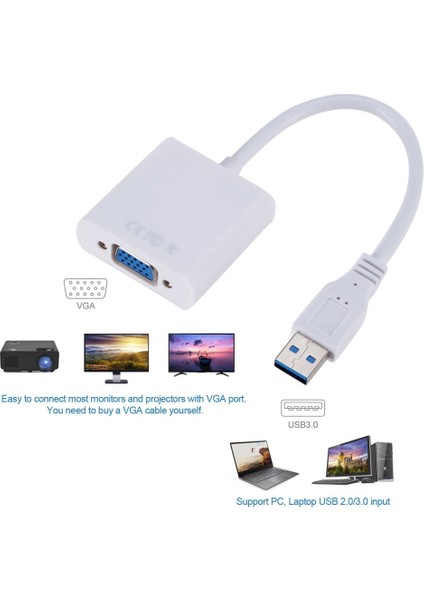 USB 3.0 VGA Adaptörü USB VGA Harici Video Kartı VGA Dönüştürücü Beyaz (Yurt Dışından)