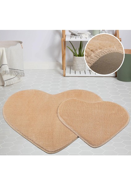 Modern Dekoratif Halı Jel Kaymaz Taban Peluş Puffy Kalp Model Cappıcıno Paspas Takımı 70X100-70X60