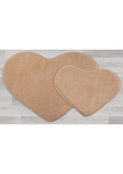 Modern Dekoratif Halı Jel Kaymaz Taban Peluş Puffy Kalp Model Cappıcıno Paspas Takımı 70X100-70X60 fiyatları