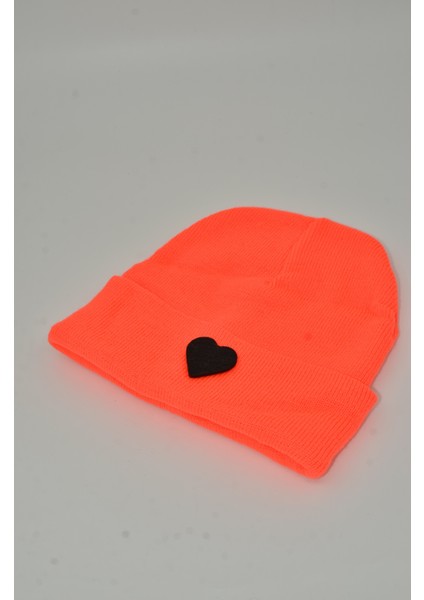 Sevgililer Günü Özel Koleksiyonu Siyah Kalp Figürlü Neon Turuncu Renk Unisex Erkek/Kadın Bere