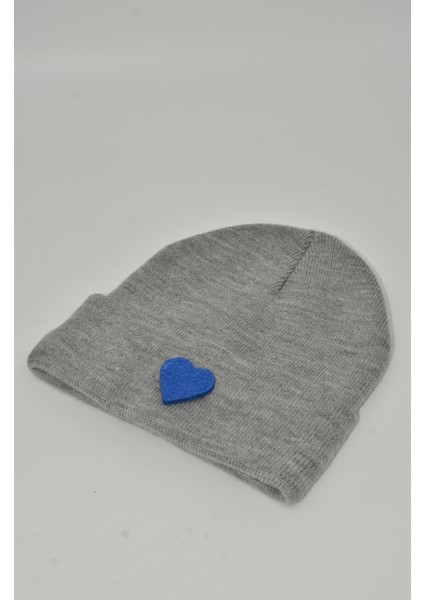 Sevgililer Günü Özel Koleksiyonu Mavi Kalp Figürlü Gri Renk Unisex Erkek/Kadın Bere