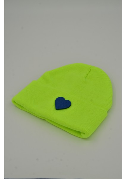 Sevgililer Günü Özel Koleksiyonu Mavi Kalp Figürlü Neon Sarı Renk Unisex Erkek/Kadın Bere