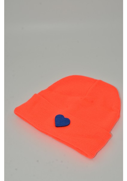 Sevgililer Günü Özel Koleksiyonu Mavi Kalp Figürlü Neon Turuncu Renk Unisex Erkek/Kadın Bere